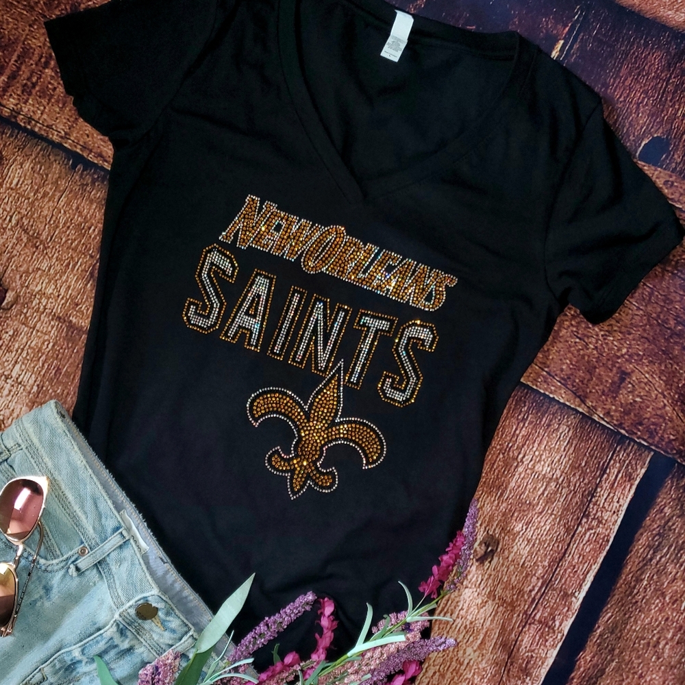 New Women's New Orleans Saints Rhinestone V-Neck - Picture 4 of 5